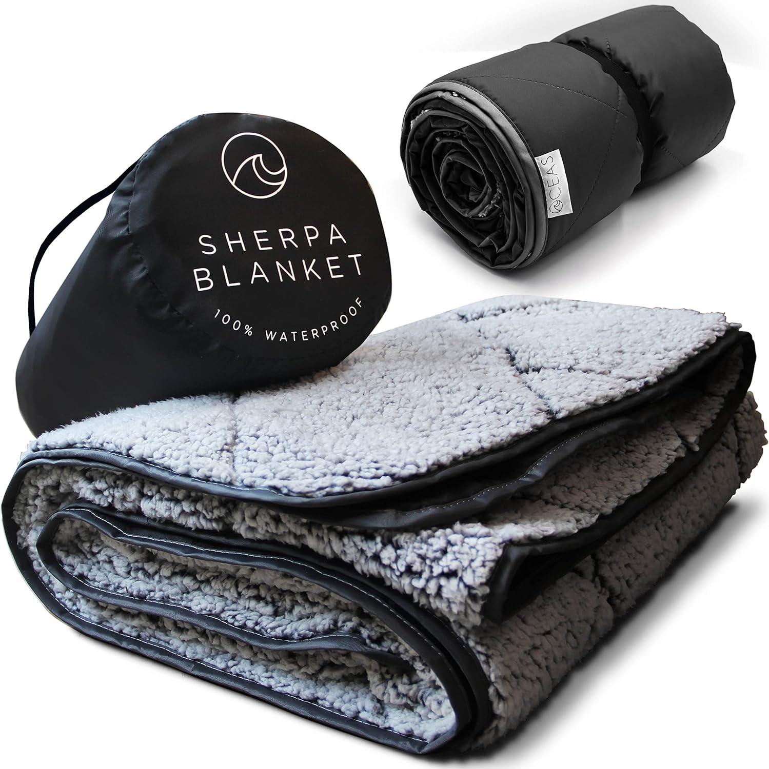Oceas Sherpa Waterproof Camping Blanket - Extra Warm and Large Sherpa Fleece Outdoor Blanket for Car, Boat, Concert, & Picnic Use