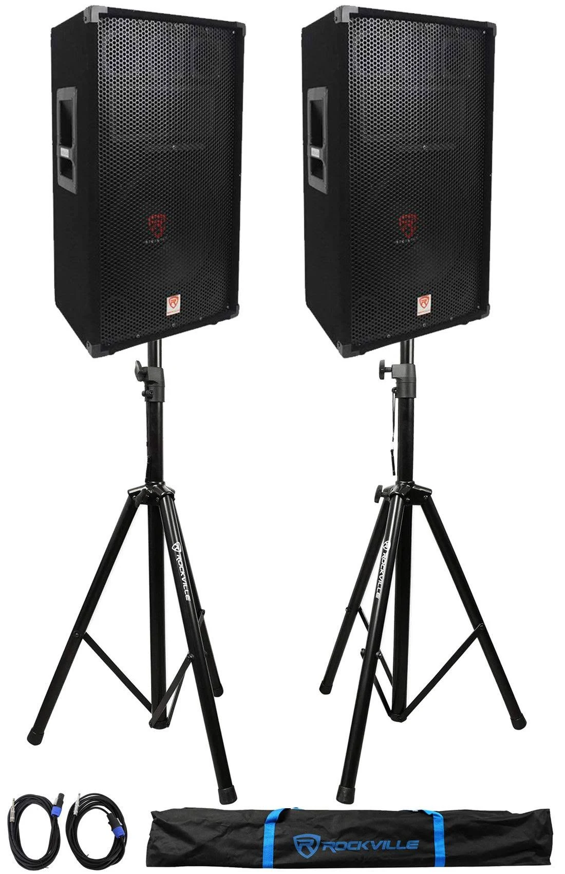 (2) Rockville RSG12 12 3WAY 1000 Watt 8ohm Passive DJ PA Speaker +Stands +Cables