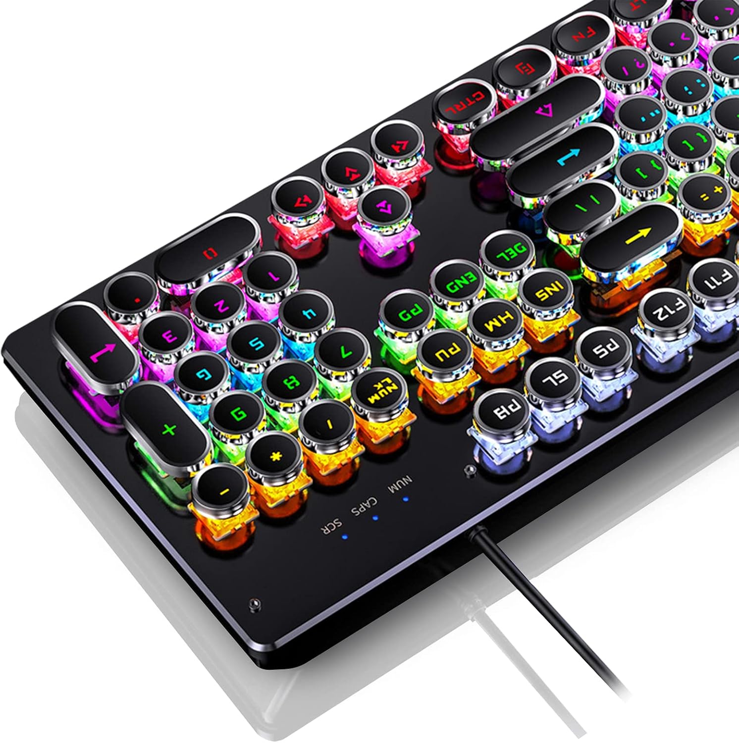 ALKEM Mechanical Gaming Keyboard with Rainbow Backlit Typewriter Retro Mechanical Keyboard Full-Size 104 Keys USB Wired Black Keyboard Blue Switch