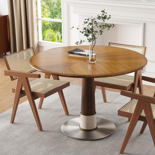 Modern Round Wooden Dining Table - Round Dining Table for 4 to 6 People - Solid Wood Legs, Metal Base - Round Kitchen Table for Dining Room Table