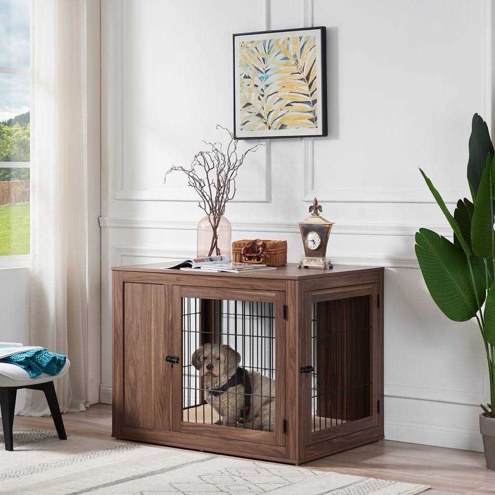 Unipaws Dog Crate End Table with Cushion Wooden Wire Pet Kennels with Double Doors - Pet Supplies online store