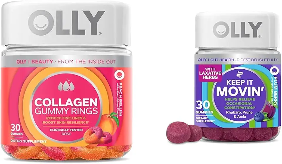 OLLY Collagen Gummy Rings Skin Elasticity, 30 Count & Keep It Moving Constipation Relief Gummies, 30 Count - Kansas Nuitrition - HNZSDS