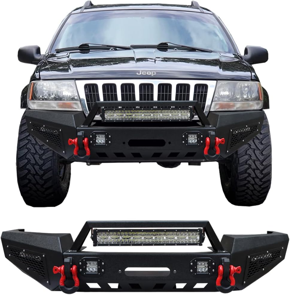 Vijay Front Bumper with LED Lights and Winch Plate Compatible with 1999-2004 Grand Cherokee WJ