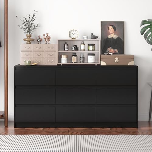 Hitow 9 Drawer Dresser for Bedroom with Deep Drawers, Large Floor Wood Dressers & Chest of Drawers Handle Free