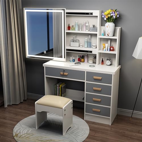 Dressing table vanity with mirror and light, 3 adjustable lighting modes, stool and storage drawers for women and girls, sliding mirror