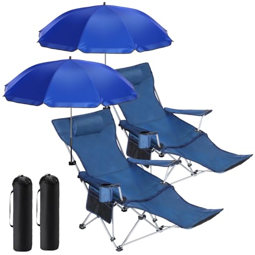 Karenhi 2 Set Beach Camping Chair with Umbrella for Adult Folding Reclining Camping Chair with Foot Rest Adjustable Clamp Canopy Shade for Outdoor