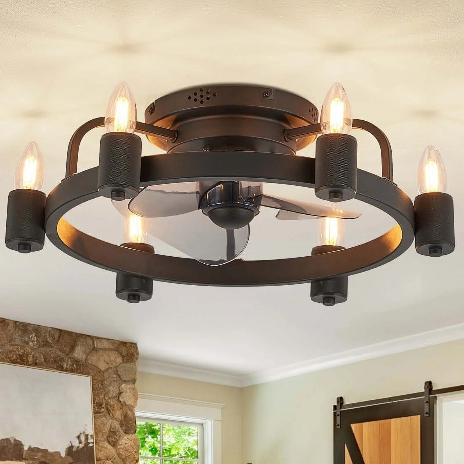 20 in.  Modern Farmhouse Ceiling Fan  LED Low Profile Flush Mount Ceiling Fan Light with Remote for Living Room Black Ceiling Fan