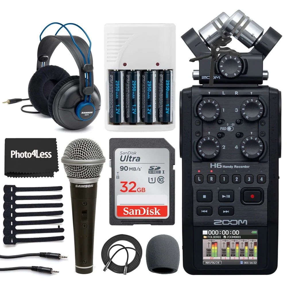 Zoom H6 All Black 6-Input /6-Track Portable Handy Recorder with Single Mic Capsule + Headphones + Dynamic Microphone + 32GB Memory Card + Batteries
