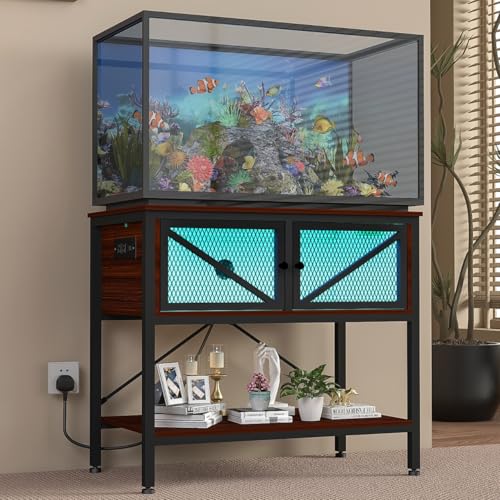 40-50 Gallon Fish Tank Stand, Aquarium Stand with Power Outlets & LED Light, Cabinet for Fish Tank Accessories Storage, Heavy Duty Metal Frame