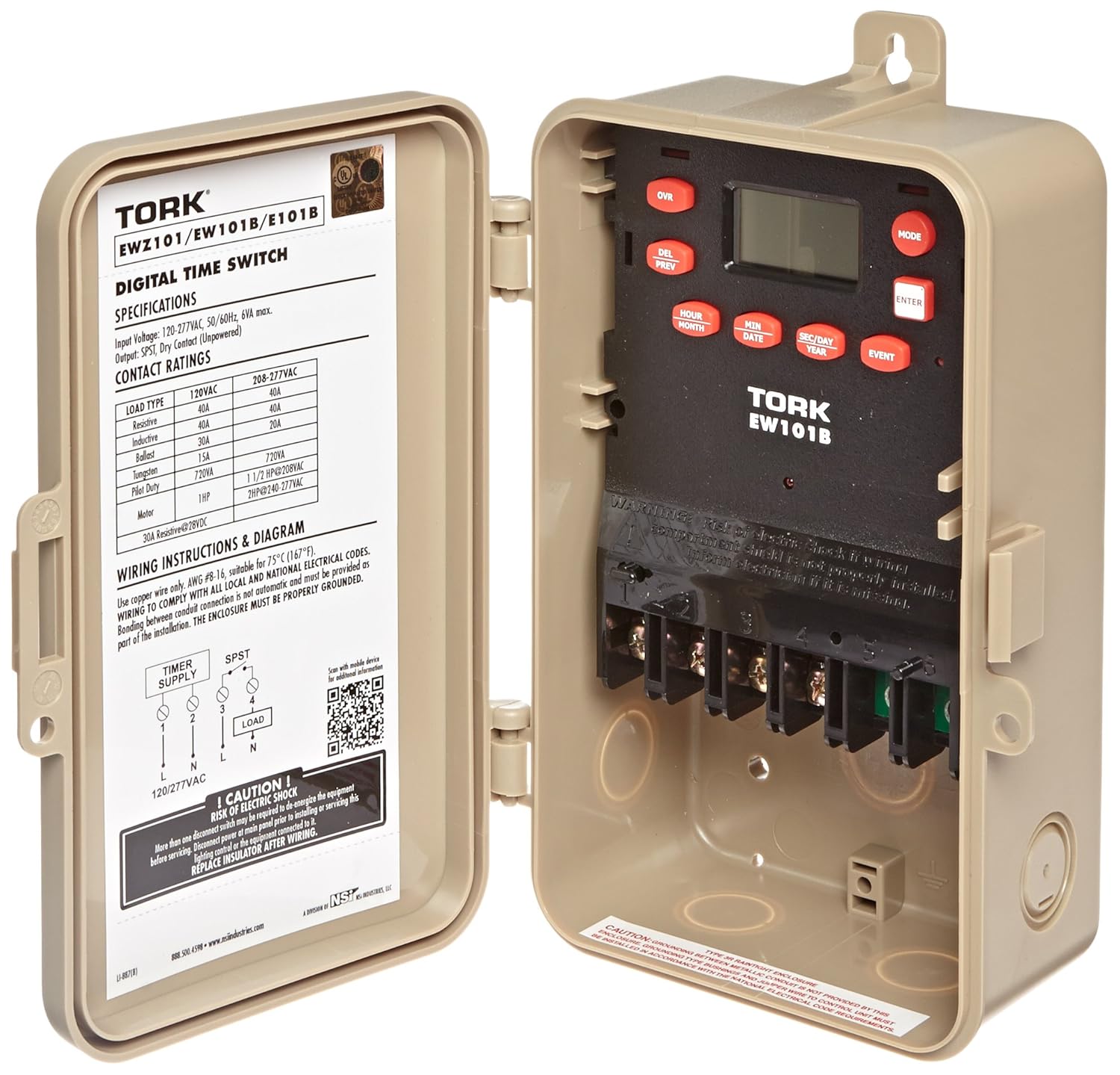 Tork EW Series Multipurpose Control 7 Day Time Switch, 120-277 VAC Input Supply, 1 Channel, SPST Output Dry Contact, 8 - #16 AWG (EW101B)