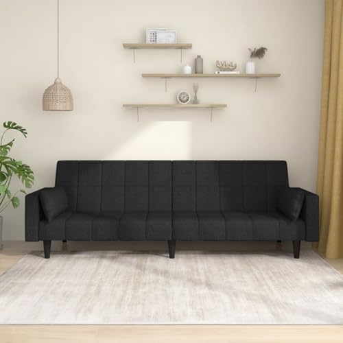 2-Seater Sofa Bed with Two Pillows Black Fabric,Convertible Sleeper Sofa Bed with Comfortable Fabric Upholstery
