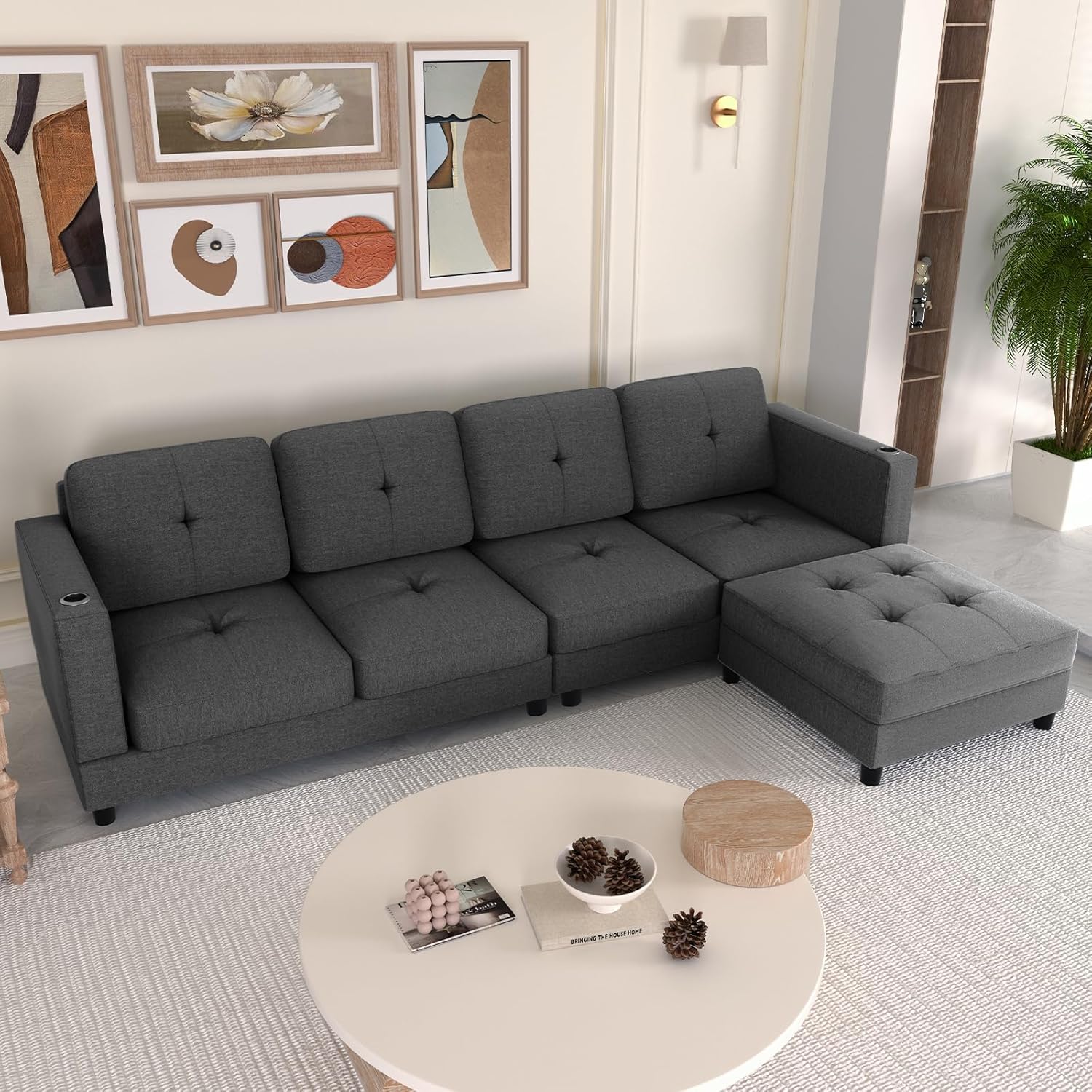 Convertible L Shaped Sofa with Ottoman, Linen Reversible Sectional Sofa with 2 Cup Holders