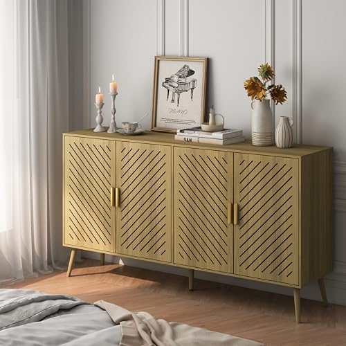 Wood Sideboard Buffet Cabinet with Storage, 4 Doors, Adjustable Shelves, TV Stand or Coffee Bar for Kitchen, Dining Room, Living Room