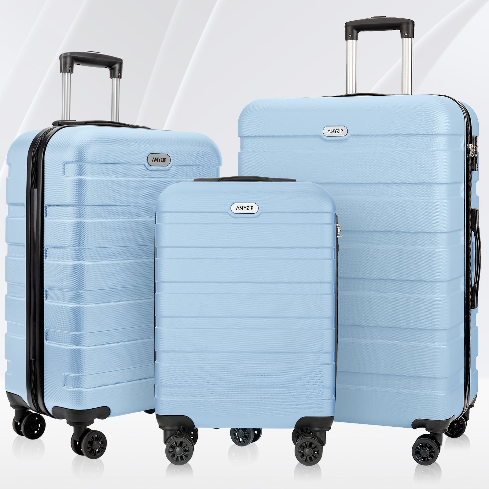AMZFUN 3PCS Luggage Sets,PC+ABS Hardside Lightweight Suitcase with Silent Universal Wheels, TSA Lock Carry On Luggage 20/24/28 Inch LightBlue