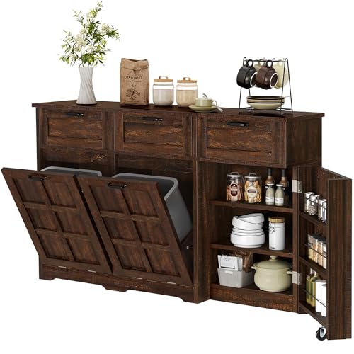 DWVO Double Trash Can Kitchen, Tilt Out Trash Can Cabinet with Drawers, Kitchen Island with Trash Can Storage, Hidden Trash Can Cabinet 20 Gallon