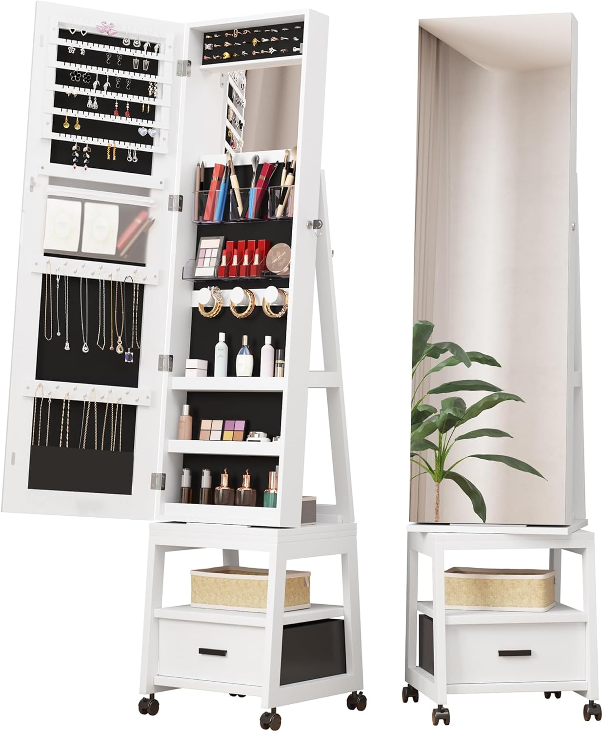360° Swivel Jewelry Armoire, Floor Standing Locking Jewelry Armoire with Full Length Mirror,Bottom Drawer, Shelf, Wheels
