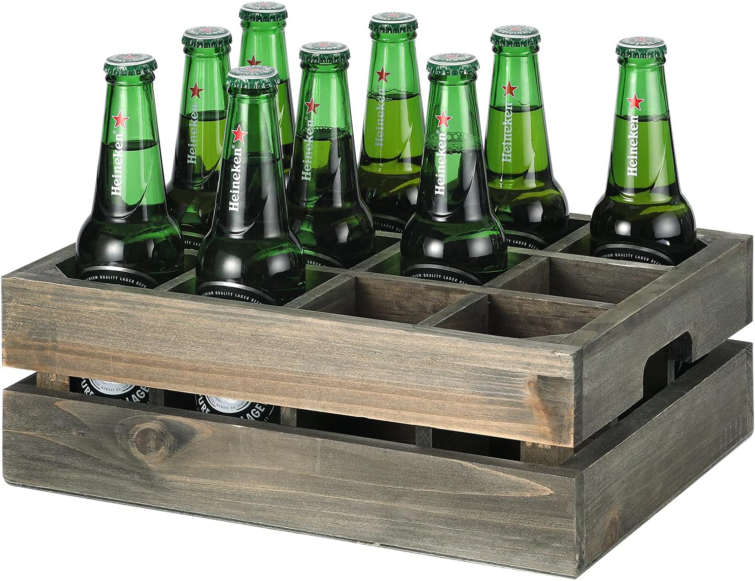 MyGift Wooden Crate Drink Carrier, Rustic Reclaimed Style Gray Wood 12 Bottle Holder Storage Crate with Handles Pack of 2