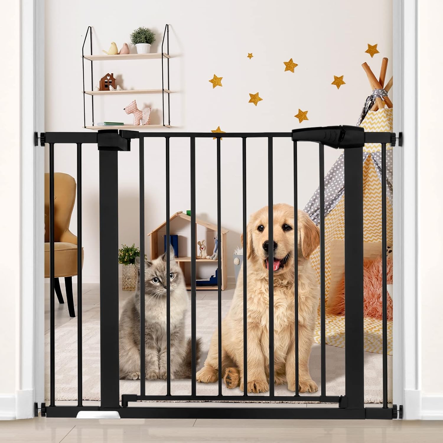 Dog Gate Easy Walk Thru Dog Fence Gate with Pet Door for Stairs Doorways House, Fits Openings 29.5"-40.5", Pressure Mounted Pack of 2