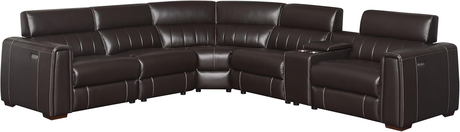 Leather Power Reclining Sectional Sofa, Top-Grain Leather, Espresso Color, Multiple Power Features, USB Charging Ports, 213.00 x 41.00 x 36.50 inches