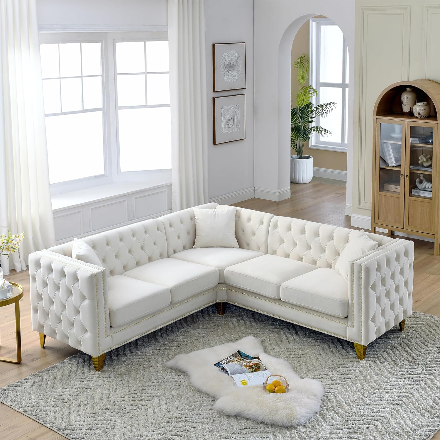 Bellemave L-Shaped Chesterfield Couch with Metal Legs and Nail Heads, Velvet Corner Sofa 5-Seater Sofas with 3 Cushions for Living Room, Bedroom