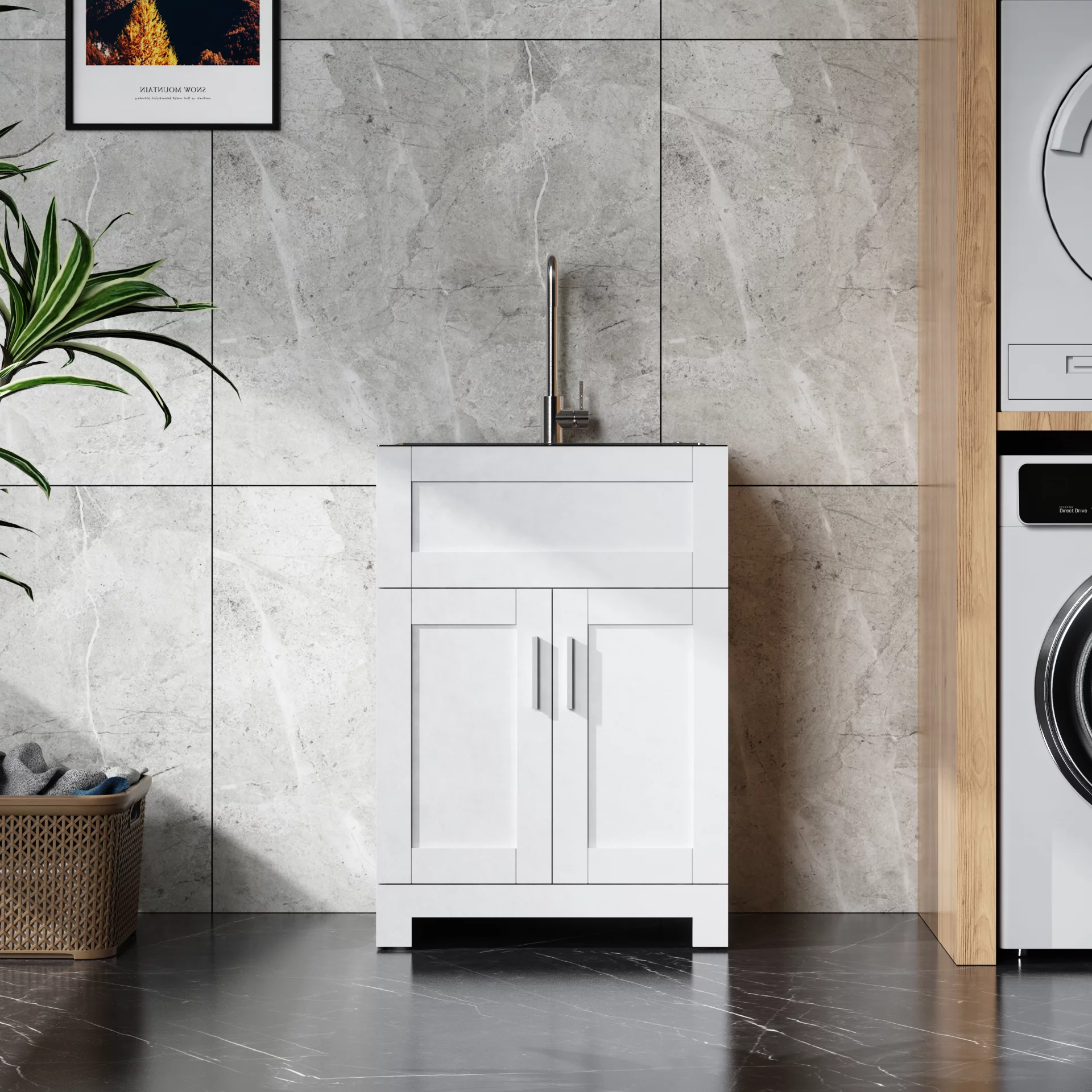 CoSoTower 24in White Paint Free Laundry Tub Cabinet w/ Stainless Steel Combo