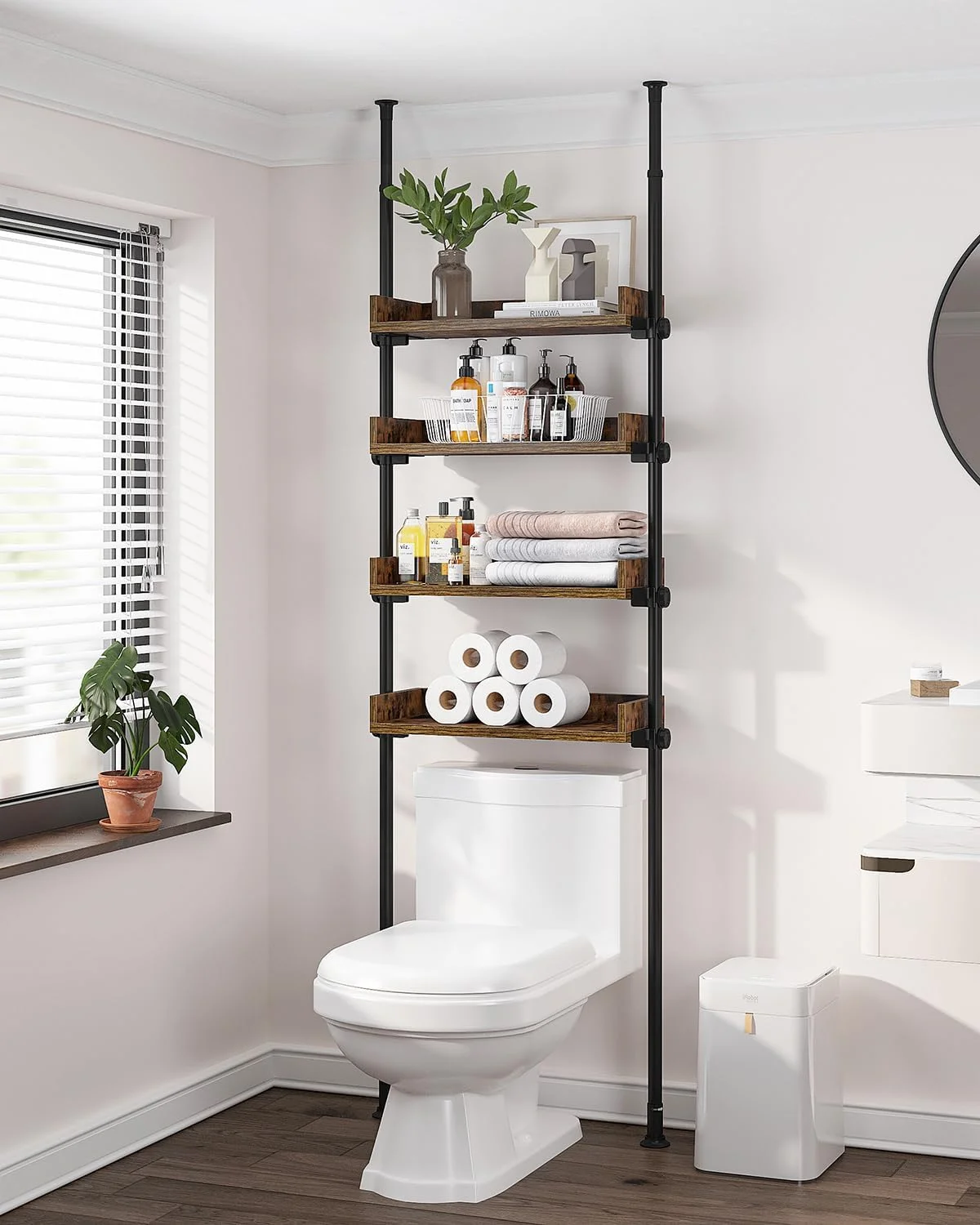 FJU Bathroom Organizer, Over The Toilet Storage, 4-Tier Adjustable Wood Shelves for Small Rooms, Saver Space Rack, 92 to 116 Inch Tall