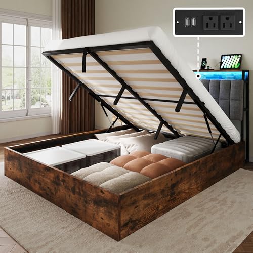 YITAHOME Queen Size Lift Up Bed with Charging Station & RGB LED Lights, PU Leather Upholstered Platform Storage Bookcase Headboard Bed