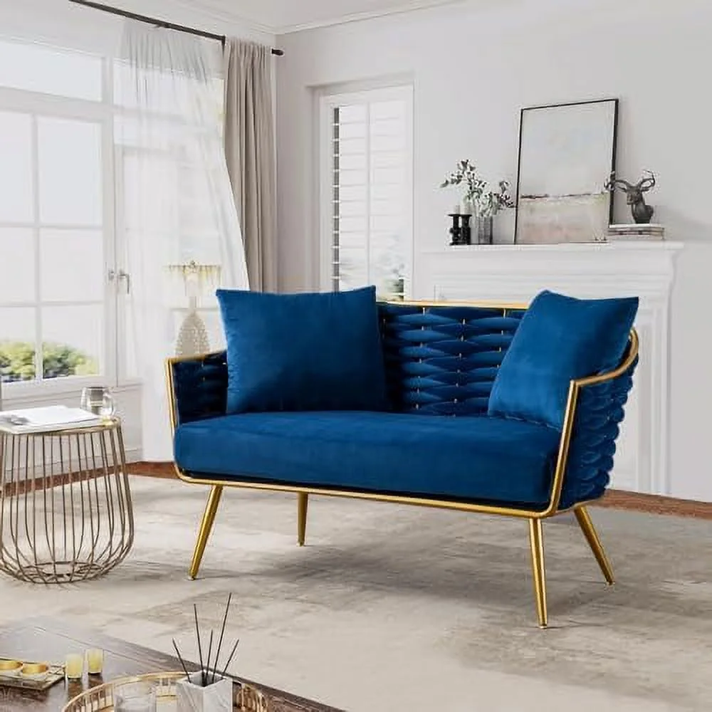 xrboomlife Velvet Accent Sofa Chair  Upholstered Loveseat with Stylish Woven Back  Small Comfy Couch with 2 Pillows  Modern Love Seat with Gold Frame