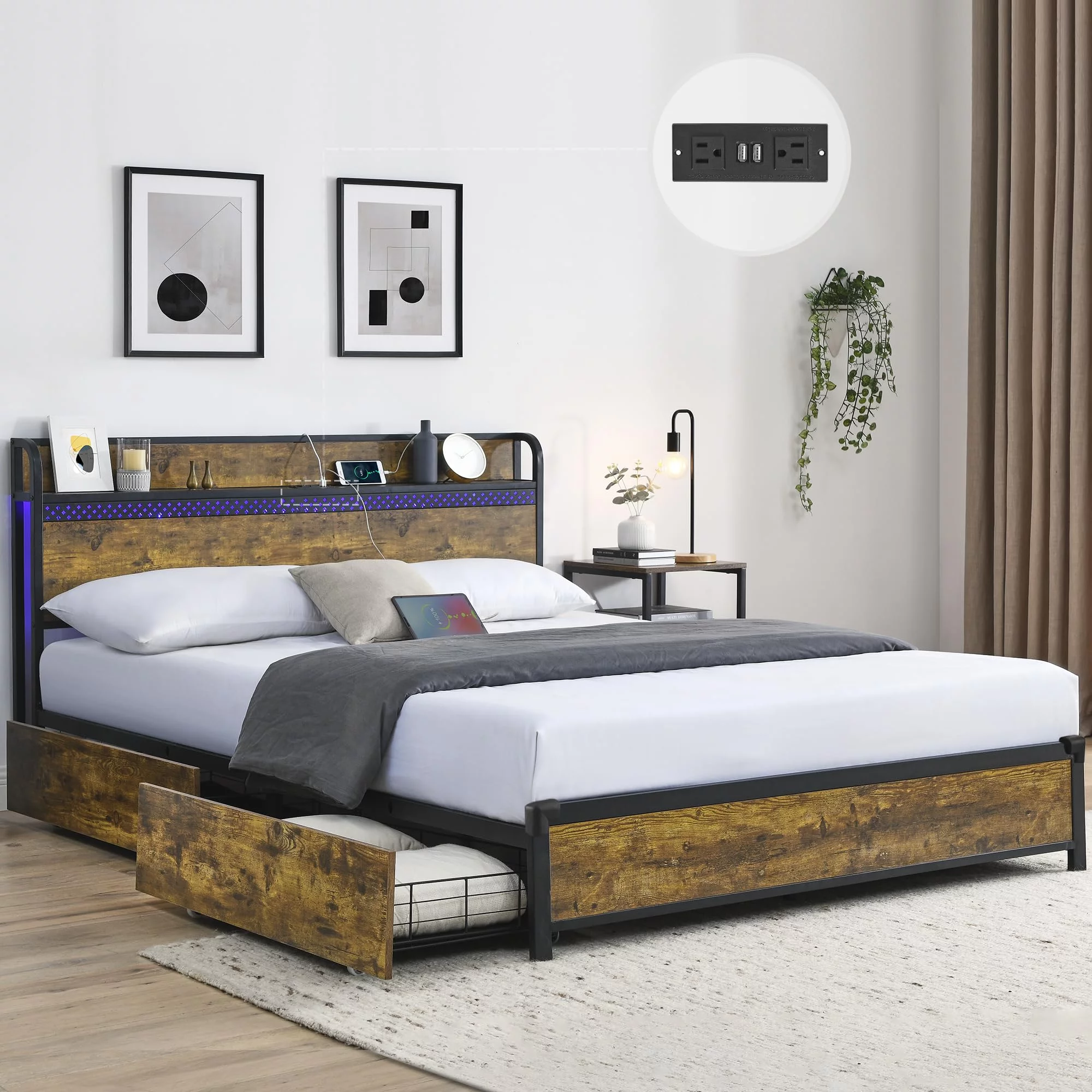 King Size Bed Frame with 4 Storage Drawers, LED Bed Frame with Charging Station, Metal Platform Bed King with Headboard & LED Lights