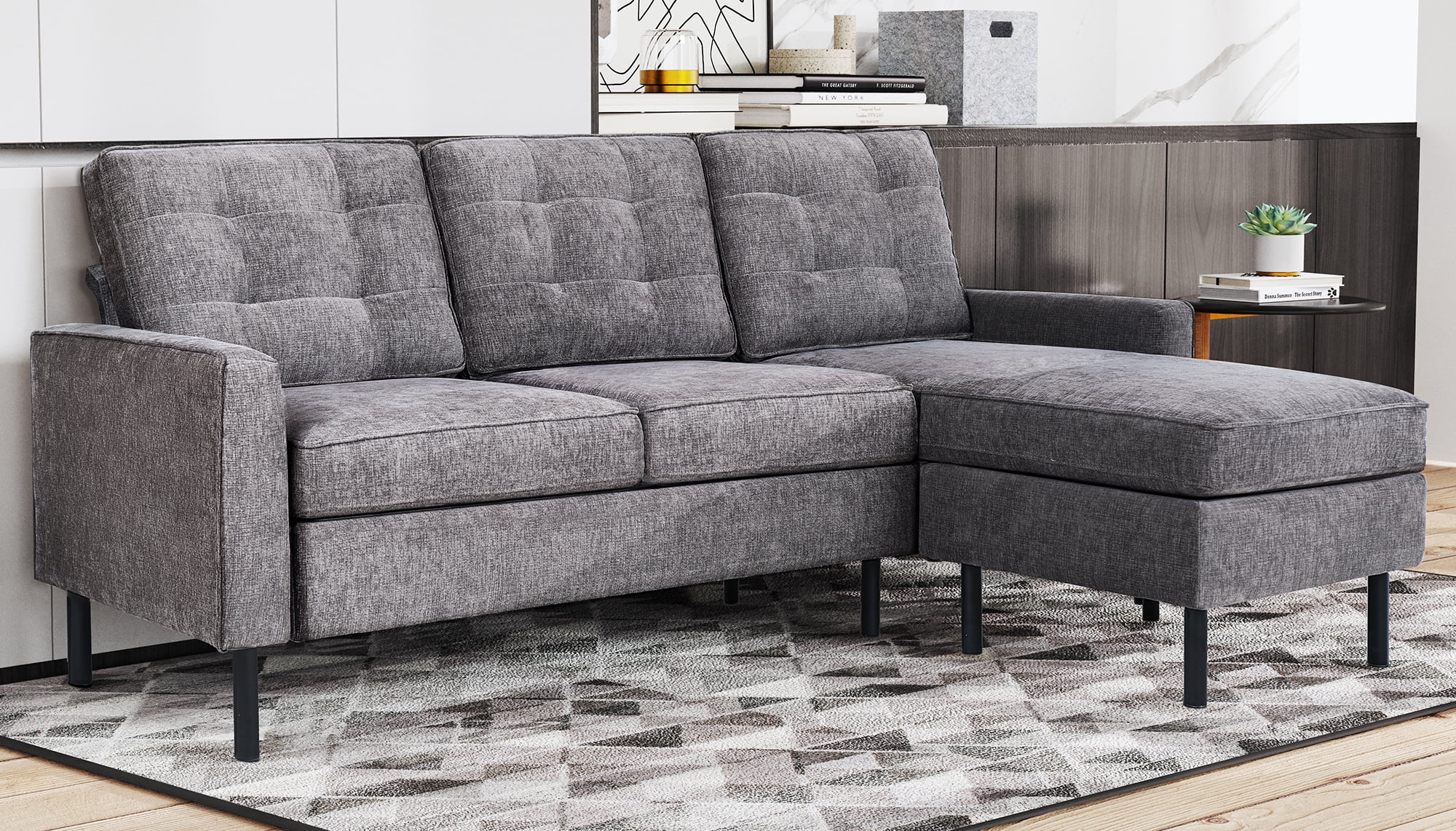 Sectional Sofa Couch Converible - L Shaped Sofa Adult Size with Grey Chenille fabric