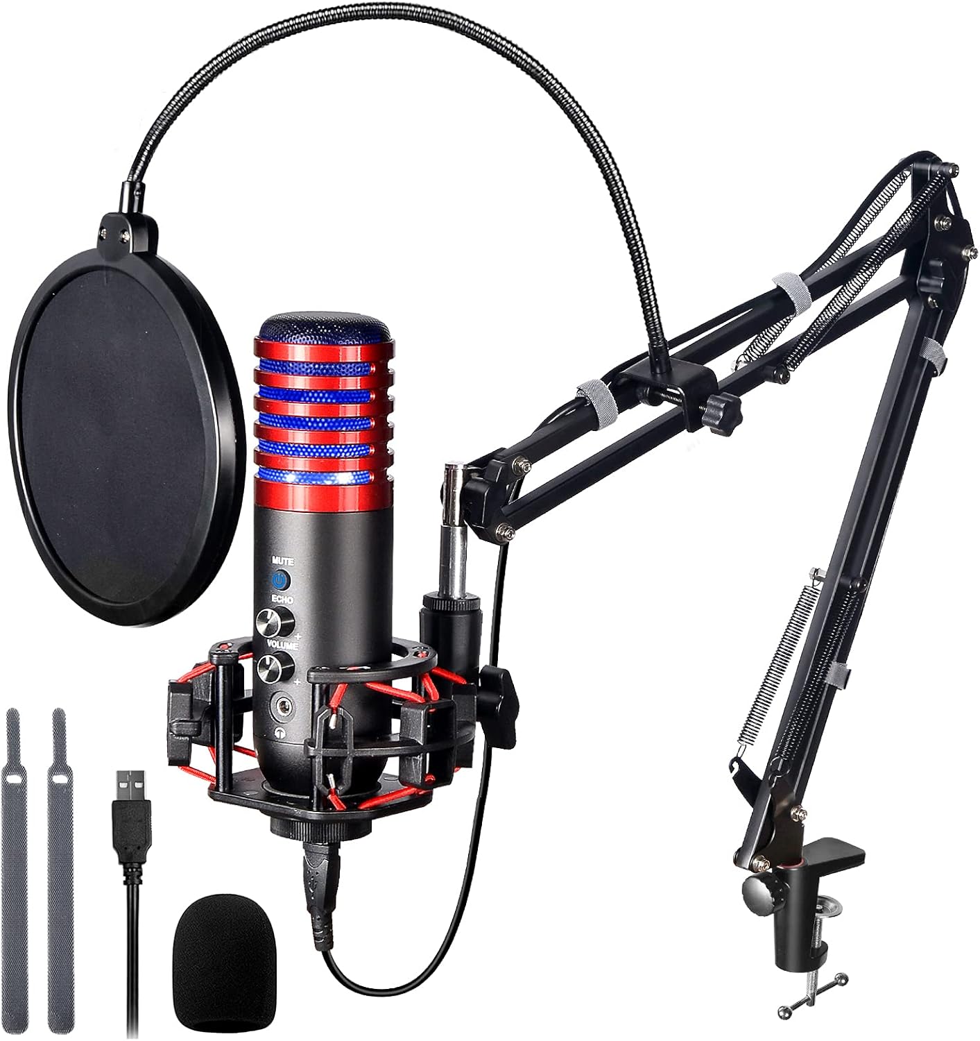 USB Gaming Condenser Microphone Plug and Play Cardioid Condenser Streaming Podcast Mic Kit for PC PS4 Studio Streaming Red with Flexible Boom Arm