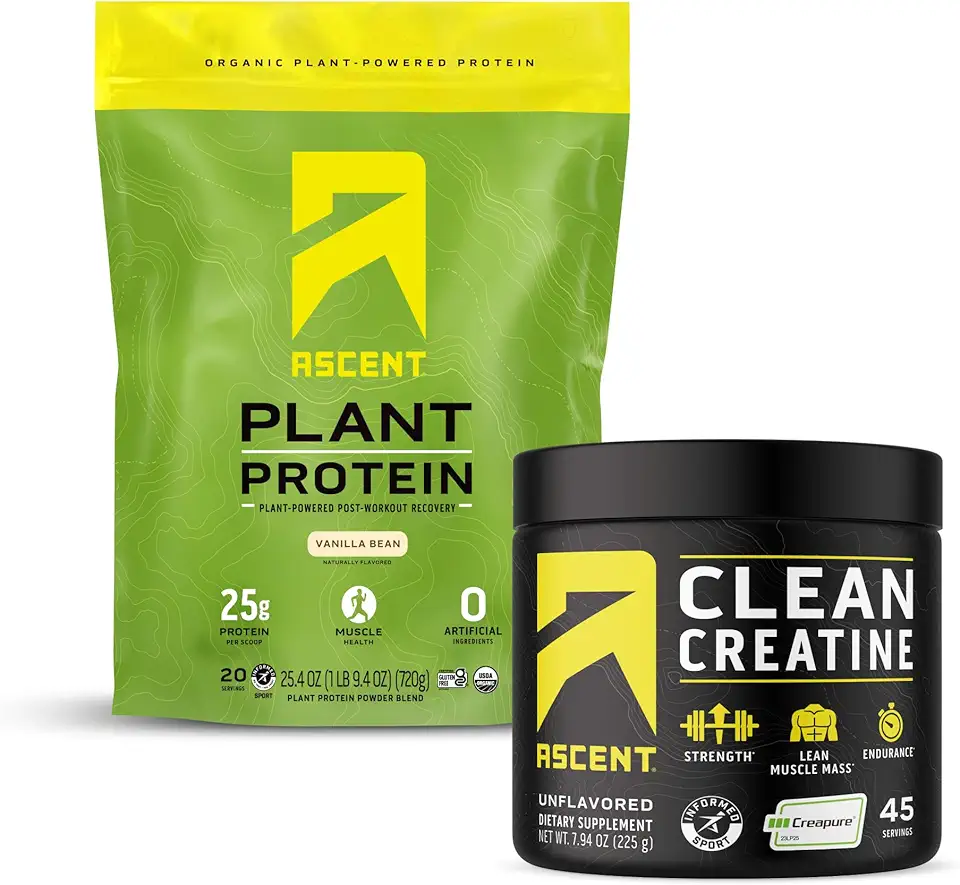 Ascent Plant Protein Powder, Vanilla 2 lb & Creatine Monohydrate Powder, Unflavored 45 Servings - Kansas Nuitrition - HNZSDS