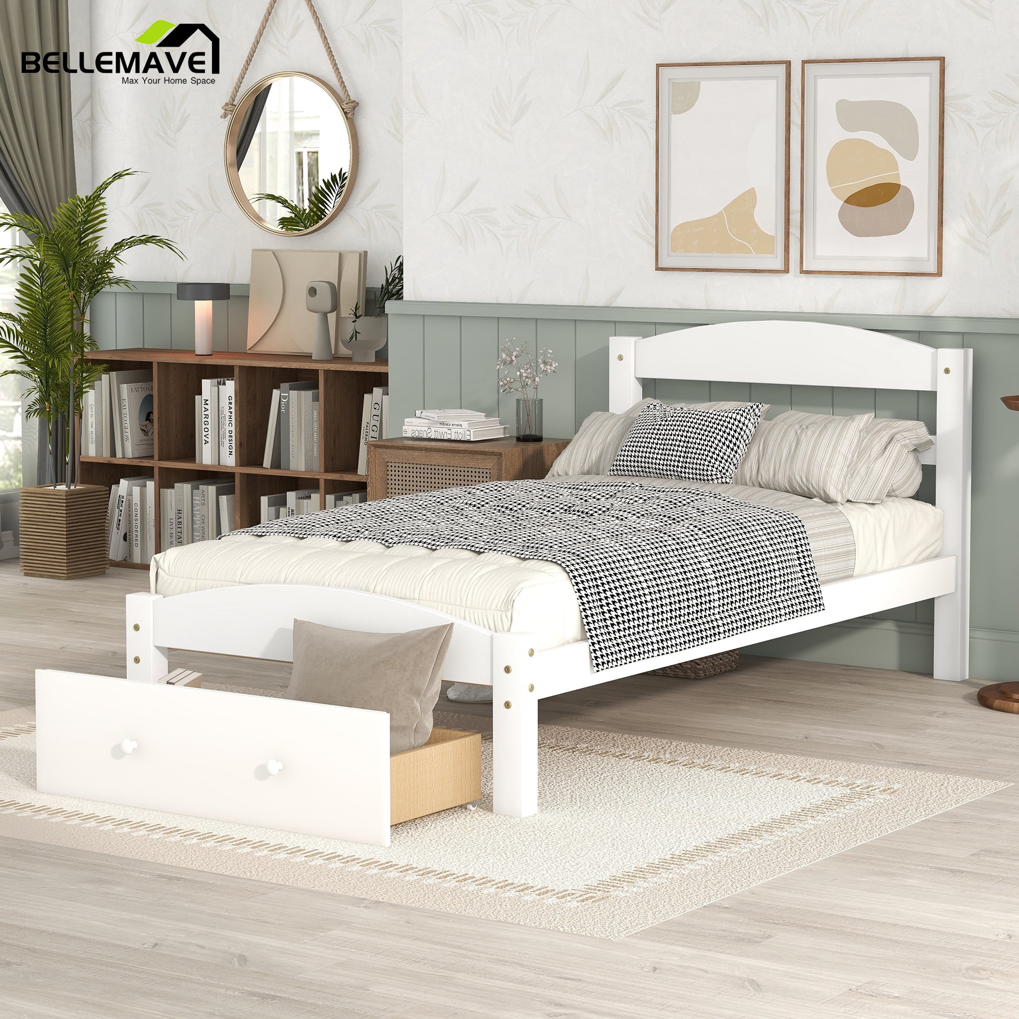 Bellemave Twin Solid Wood Bed Frame with Storage Drawer, Kids Platform Bed Frame for Girls & Boys, No Box Spring Needed (White, Twin)
