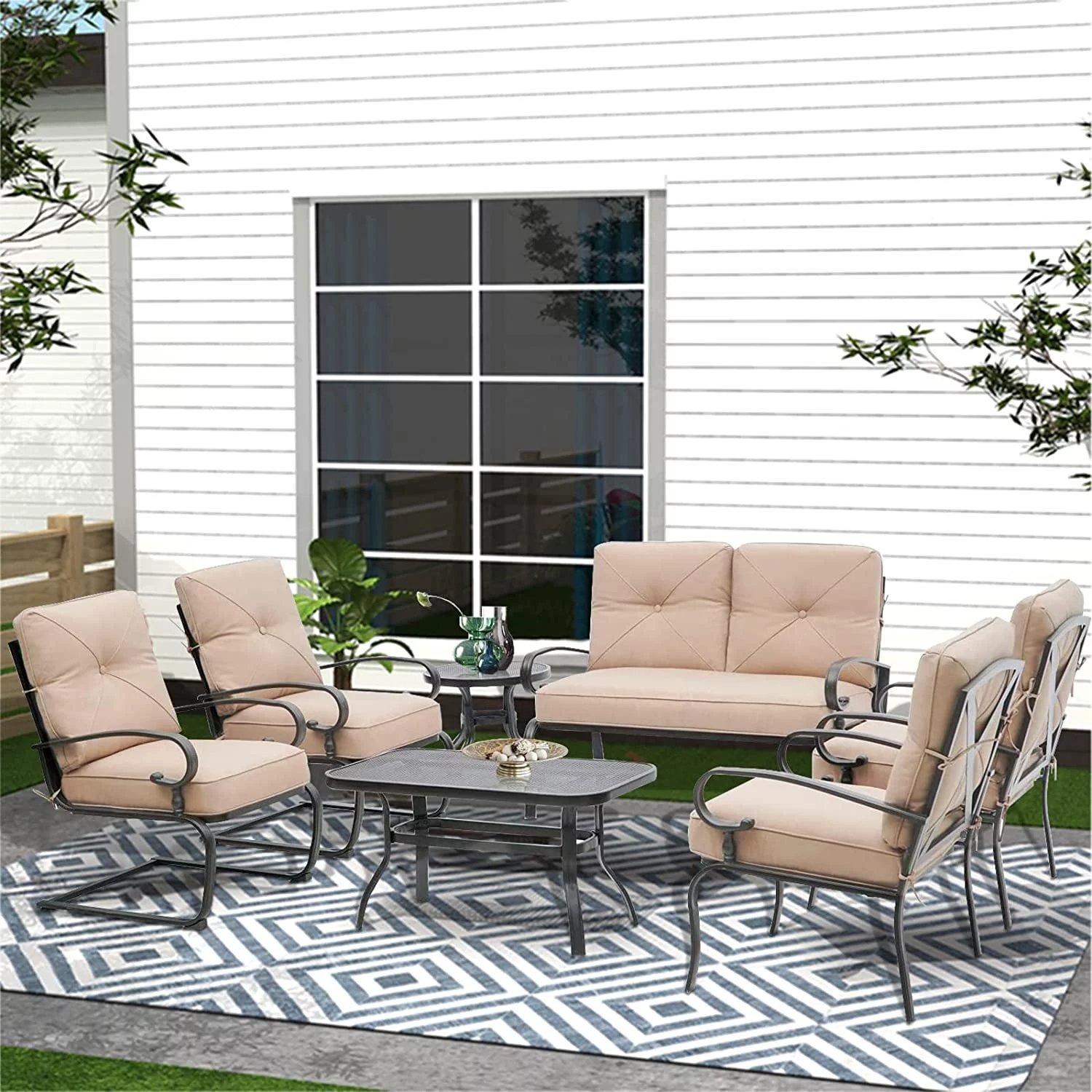 SOLAURA 7-Piece Patio Furniture Outdoor Metal Conversation Set- Brown