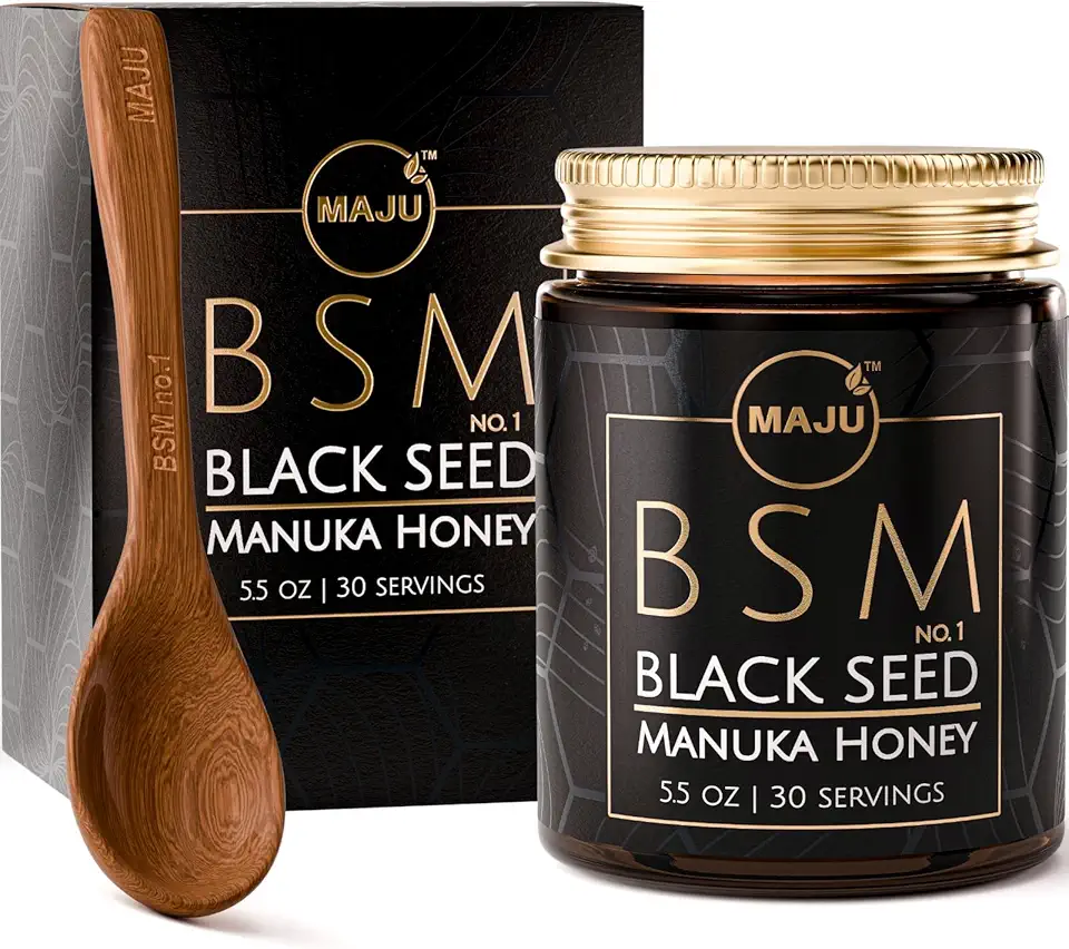 Maju Superfoods 3-in-1 Black Seed, Manuka Honey (Traditional Style) MGO 250+, Sweet & Crunchy Herbal Blend, Raw Honey, Black Seed Oil
