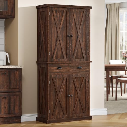 YITAHOME 72'' Tall Kitchen Pantry Cabinets, Farmhouse Storage Cabinets with Barn Doors, Drawer ＆ Adjustable Shelves