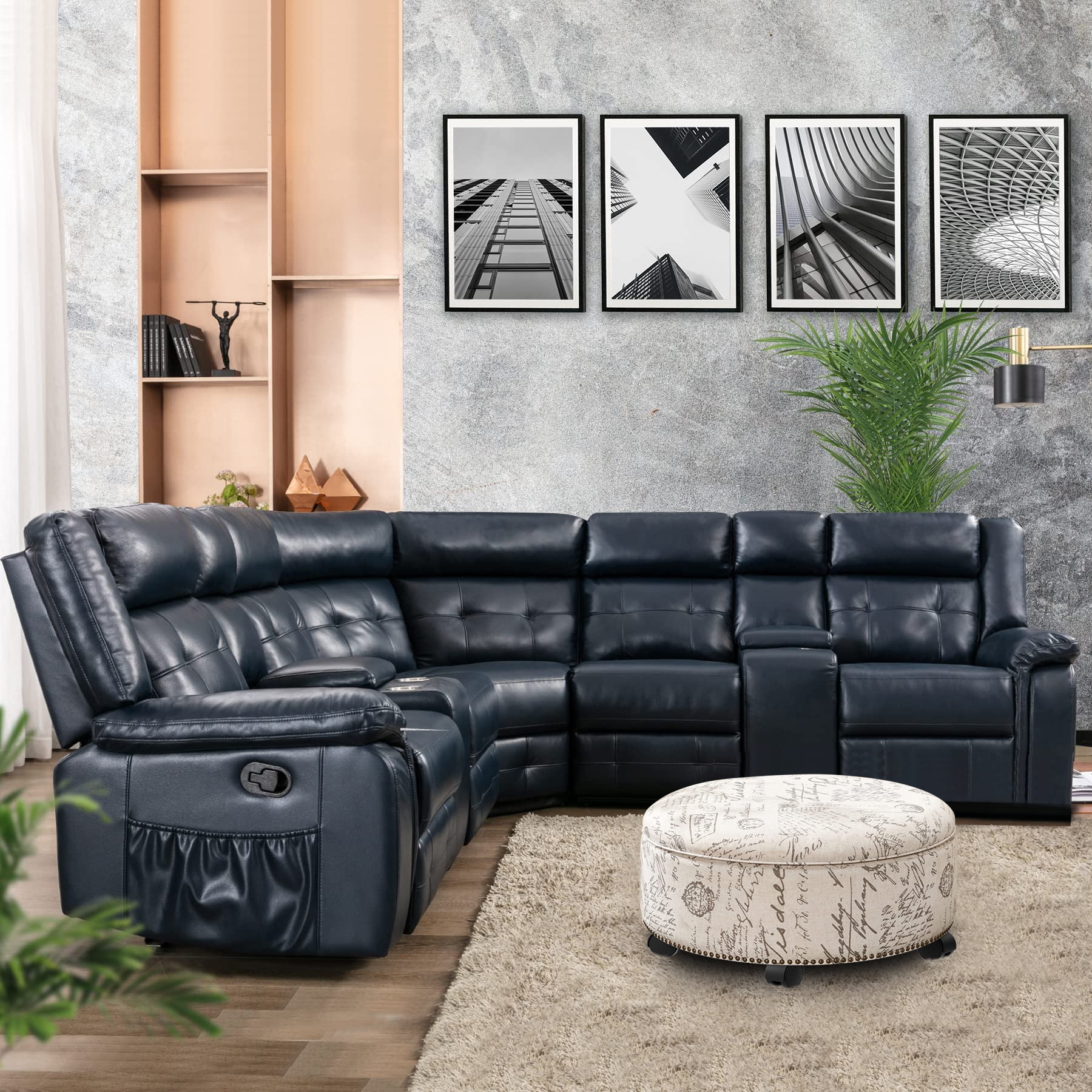 2-Piece Living Room Set, PU Leather Sectional Sofa Set with Caster Ottoman, 5 Seater Home Theater Sofa with Beige Storage Ottoman