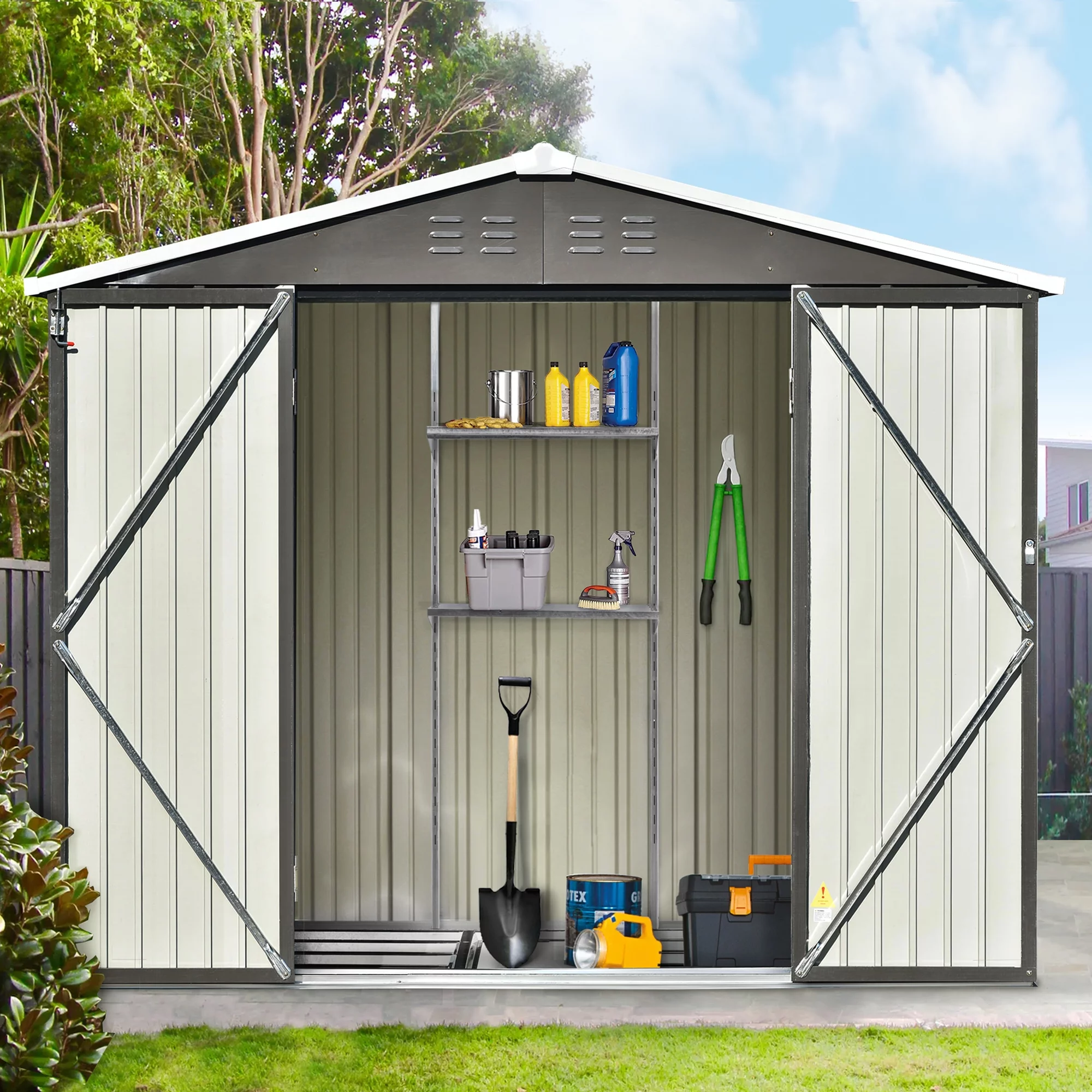 Sesslife 8' x 6' Outdoor Storage Shed, Patio Galvanized Steel Metal Shed with Lockable Doors and Adjustable Shelves