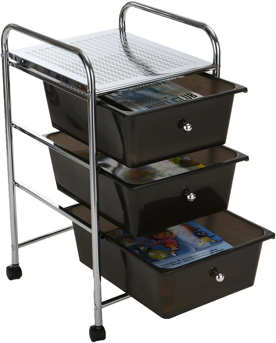 Mind Reader 3 Drawer Rolling Storage Cart and Organizer, Silver with Black Drawers Pack of 2