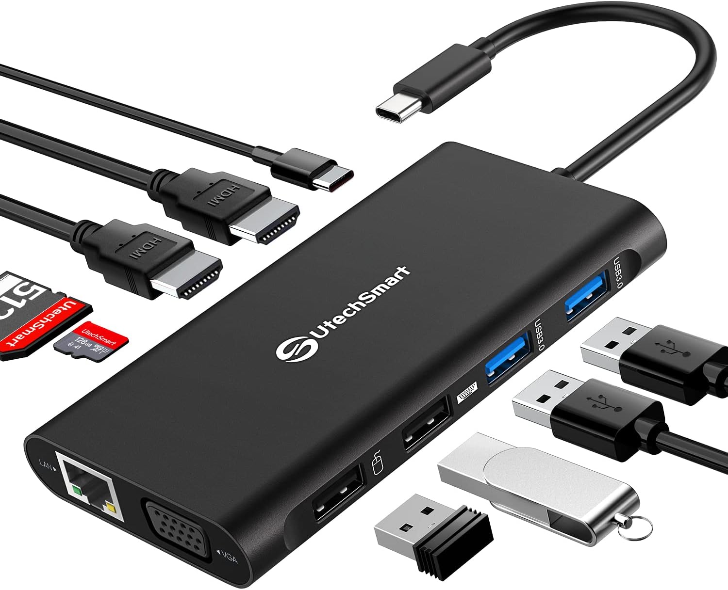 Docking Station, UtechSmart Triple Display USB C Docking Station with 2 HDMI, VGA, Power Delivery Type C Port,SD TF Card Reader