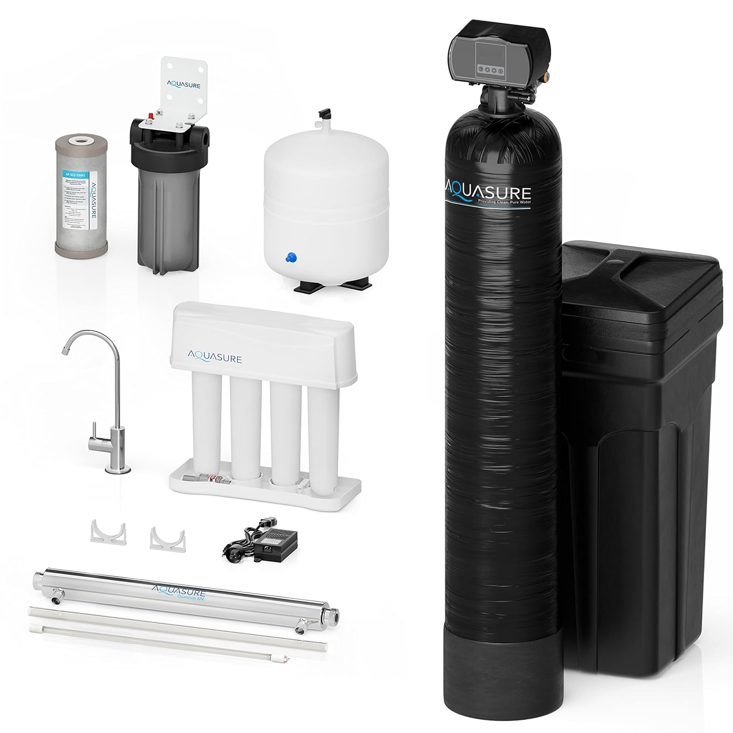 Aquasure 32,000 Grains Whole House Water Softener Bundle with 75 GPD Reverse Osmosis RO Filtration System, Triple Purpose Pre-Filter