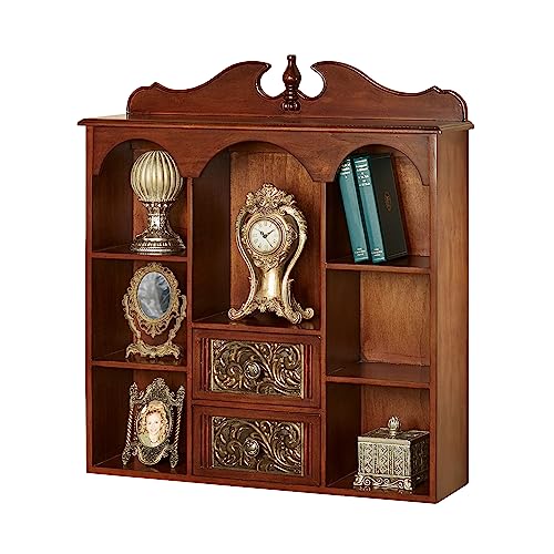 Sarantino Wall Wooden Curio Cabinet Natural Cherry - Traditional Style - Handcrafted Wood - Seven Shelves, Two Drawers - Ornate Medallion Designs