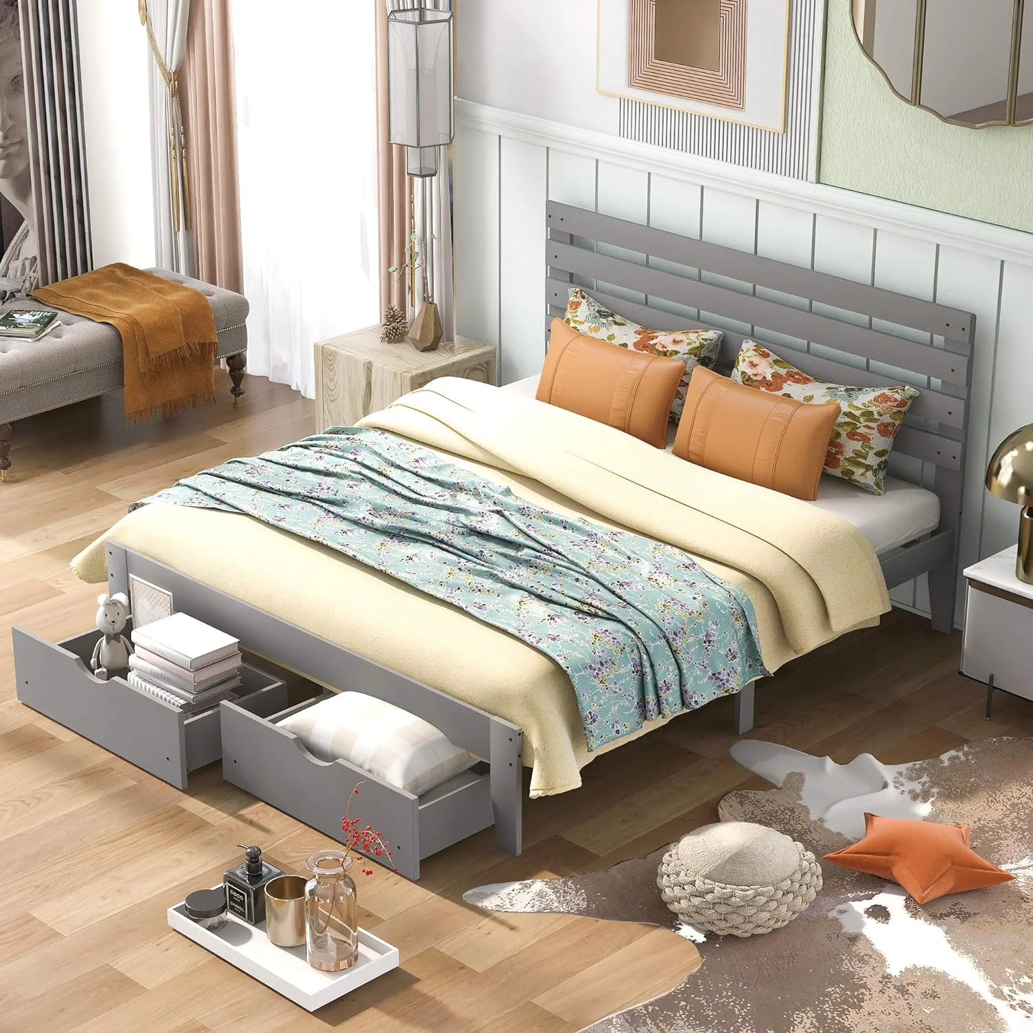 Queen Bed Frame, Queen Platform Bed With Storage Drawers, Wood Platform Bed Frame With Headboard, Wood Slats Support, No Box Spring Needed