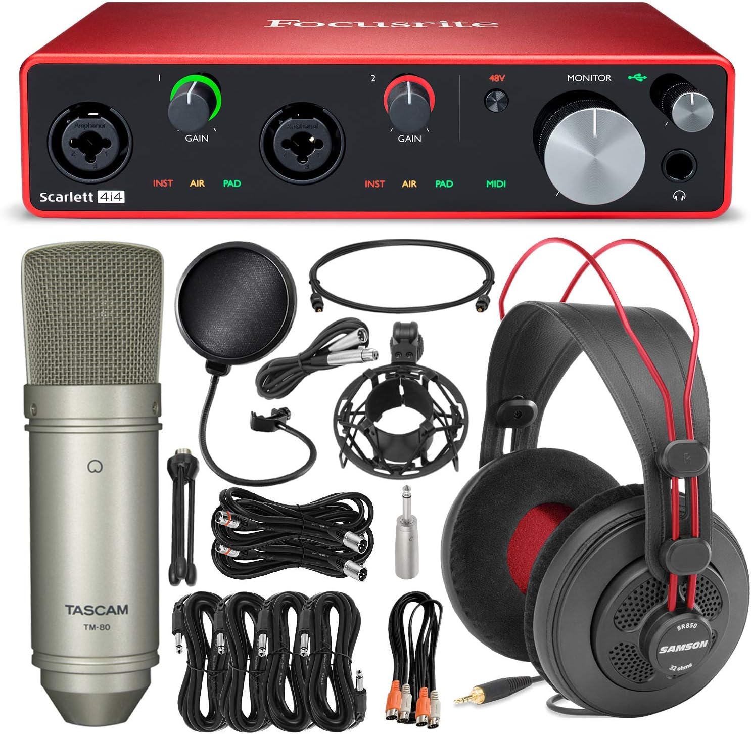 Focusrite Scarlett 4i4 USB Audio Interface (3rd Generation) + Tascam TM-80 Studio Condenser Microphone, Samson SR850 Stereo Headphones