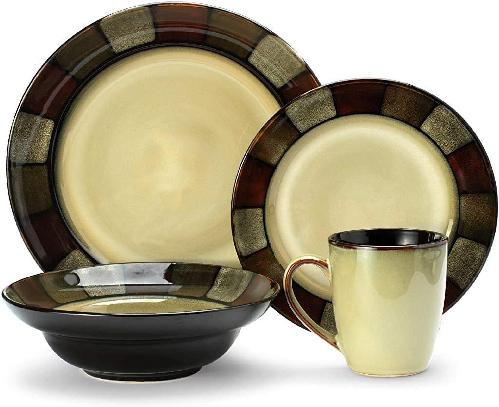 OUWI Taos 16-Piece Stoneware Dinnerware Set, Service for 4,Beige/Olive