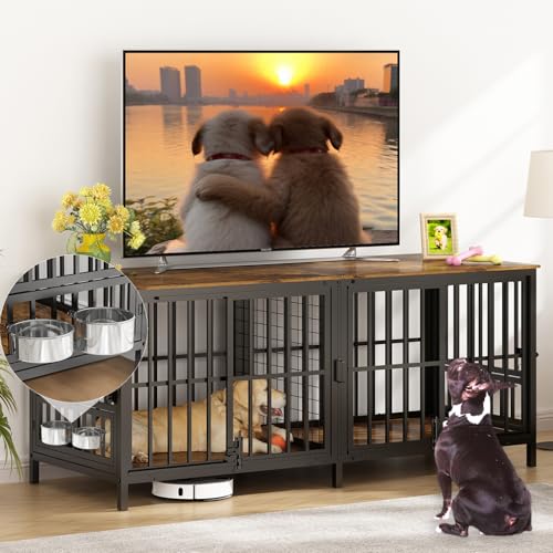 Extra Large 80" Dog Crate Furniture for 2 Dogs, Double Dog Crates for Large Dogs with 2 Dog Bowl, Wooden Pet Cage with Removable Divider
