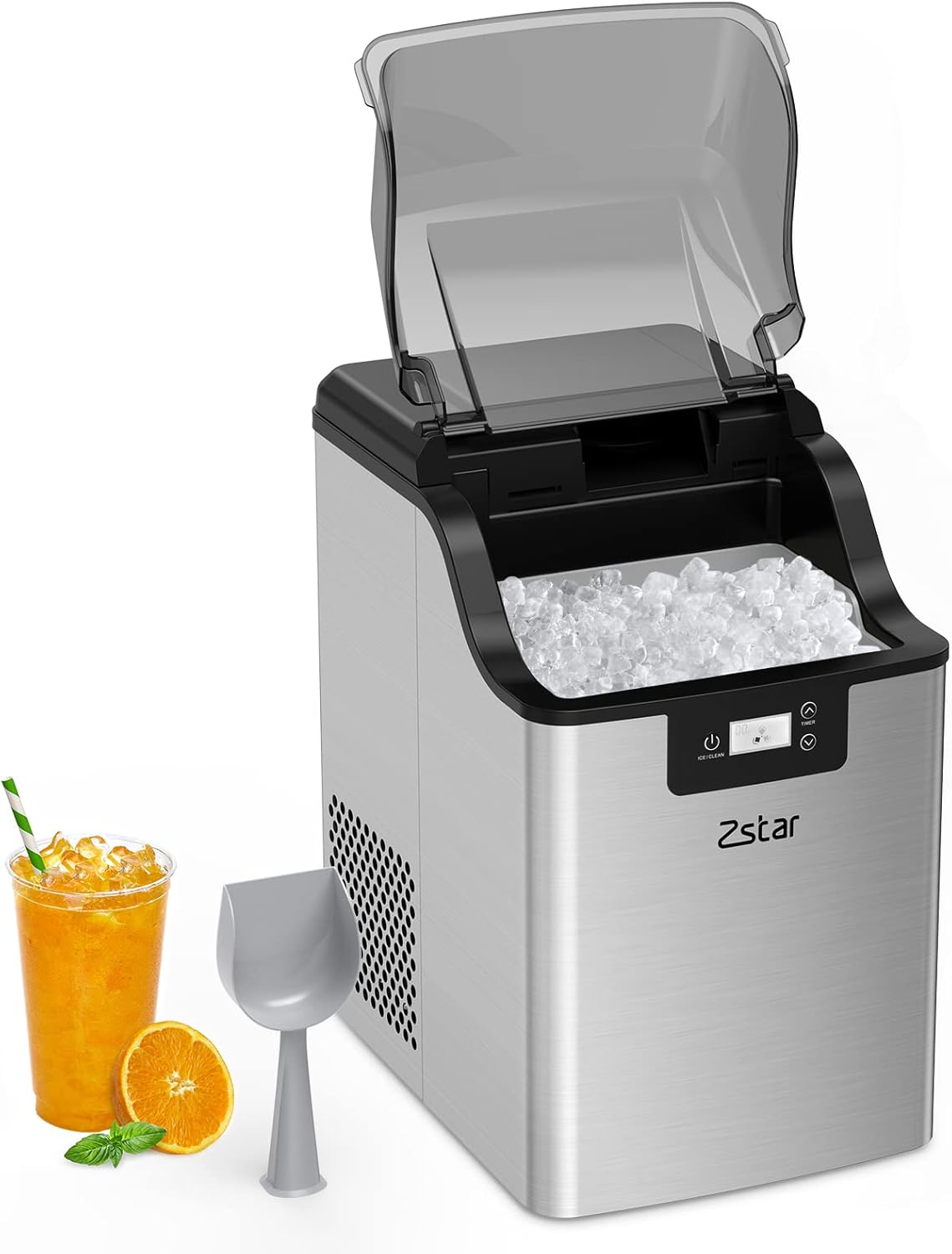 Nugget Ice Maker, Zstar Countertop Ice Maker, Stainless Steel Pebble Ice Maker, 44LBs/24H, Self-Cleaning and Timer Function