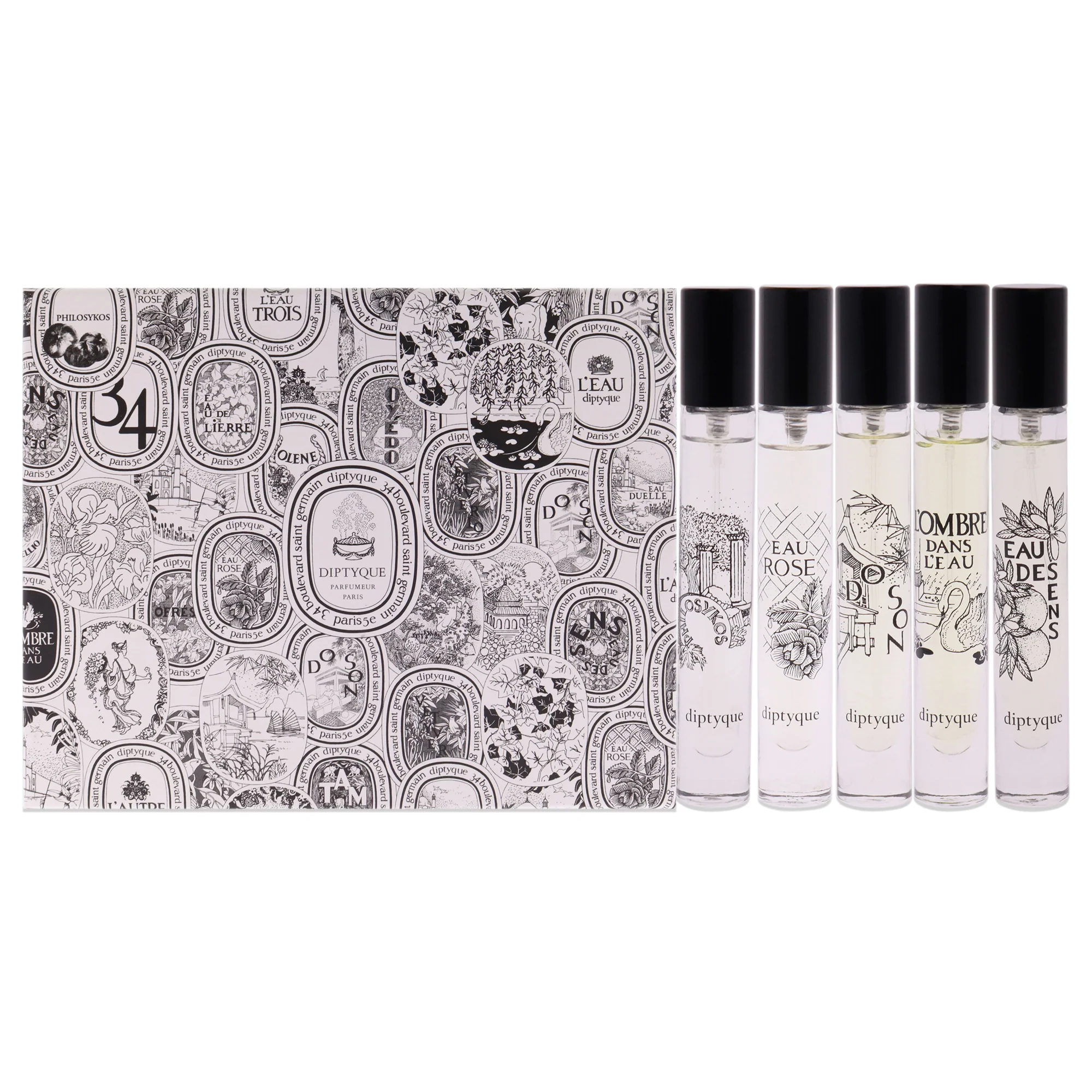 Diptyque Discovery Mini Set by Diptyque for Unisex - 5 Pc Set 0.25oz Do Son, 0.25oz Eau des Sens, 0.25oz Philosykos, 0.25oz LOmbre dans lEau