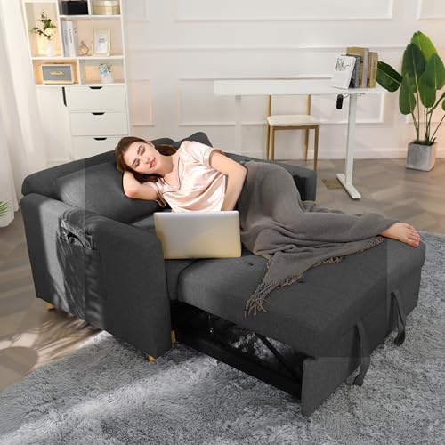 Sleeper Sofa, 3-in-1 Convertible Pull Out Couch Bed Futon Sofa, Linen Fabric Loveseat with 2 Pillows Adjustable Backrest