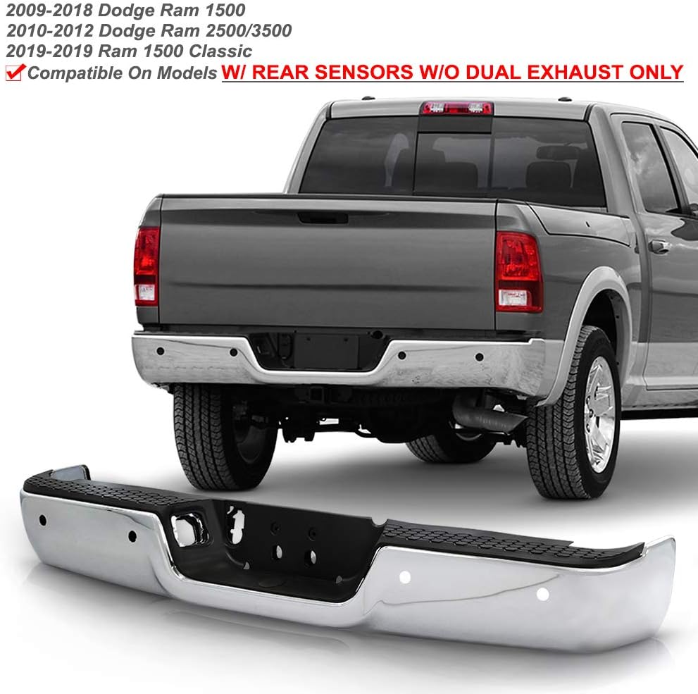 ACANII - For 2009-2018 Dodge Ram 1500 w/Sensor Holes w/o Dual Exhaust Chrome Steel Rear Step Bumper Complete Assembly